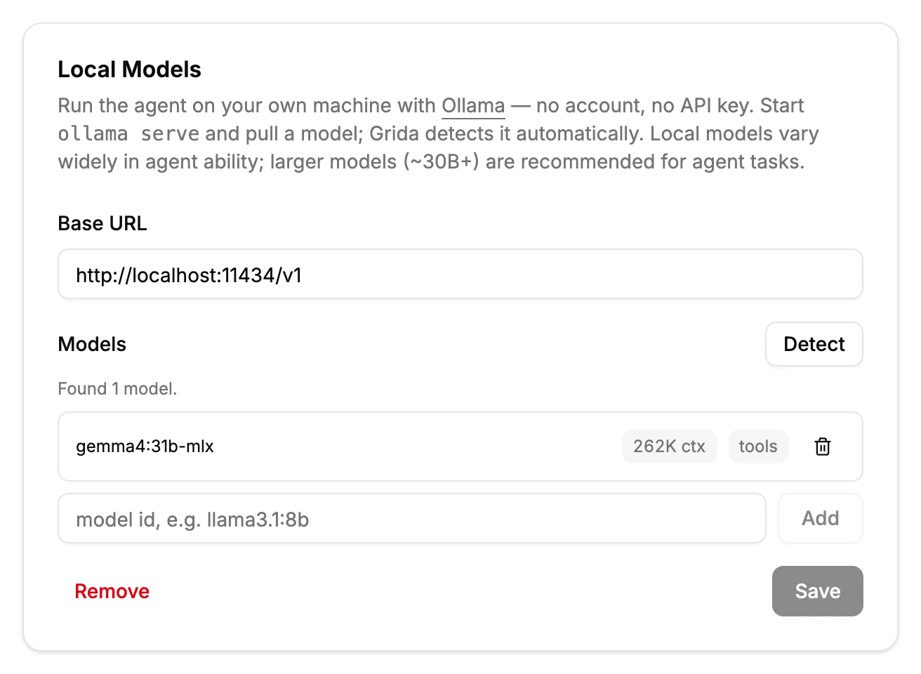 The Local Models card after setup, with an auto-detected model and its context window and tool-support badges